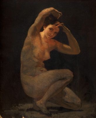 une image d'un tableau représentant une femme nue assise sur le sol