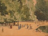 a painting of people walking in a park with umbrellas