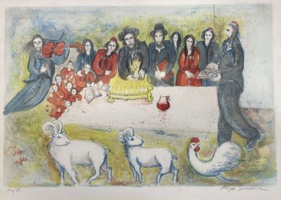 a painting of a group of people sitting around a table