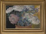 a painting of flowers in a vase on a table