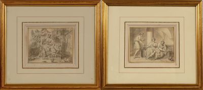 two framed drawings of a man and a woman in a room