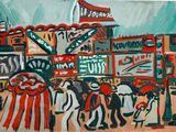 a painting of a group of people walking down the street