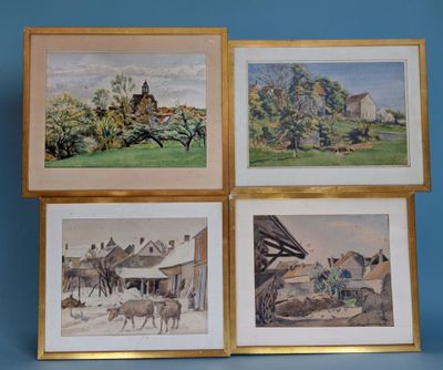 trois tableaux encadrés représentant une scène de ferme avec des animaux et une grange