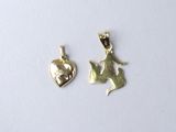 two gold charms with a heart and a bird on them
