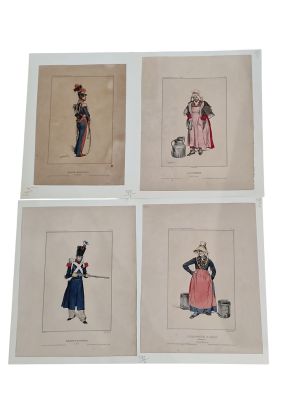 four prints of men and women dressed in period clothing