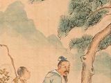 a painting of a man sitting on a rock next to a river
