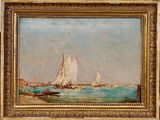 an oil painting of sailboats on the water in a gold frame