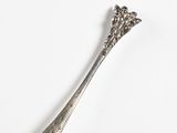 a silver spoon with a flower on it on a white surface