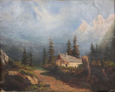 an old painting of a mountain scene with a house in the foreground