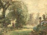a painting of a woman in a garden by a pond