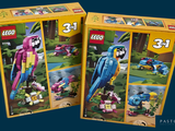 two boxes of legos with a parrot and a bird on them