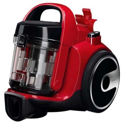 a close up of a red and black vacuum cleaner on a white background