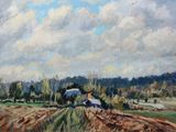 an oil painting of a farm scene with a plow in the foreground