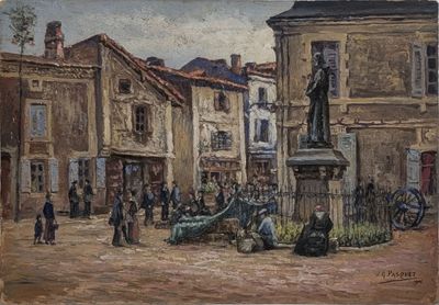 une peinture représentant une statue au milieu d'une place de ville