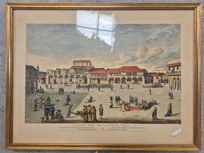 framed picture of a painting of a town square with people and horses