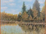 une photo d'un tableau représentant un lac dans les bois