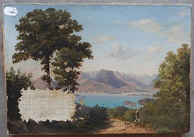 un tableau accroché au mur d'une maison, représentant un lac