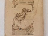 un vieux livre sur lequel figure le dessin d'une femme assise sur un banc