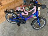 a blue bike with a pink seat and a basket on the back