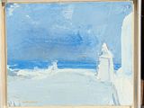 a picture of a painting of a beach with a blue sky