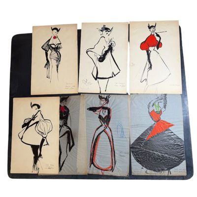 six drawings of women in dresses and hats are on a piece of paper