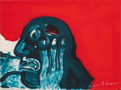 une image représentant un tableau d'une personne sur fond rouge