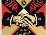 a poster with two hands shaking each other in front of an american flag