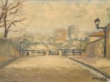 peinture représentant une scène de rue avec un pont et des bâtiments en arrière-plan