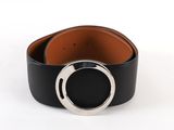 a close up of a black leather belt with a silver buckle