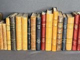 des livres sont alignés en rangée sur une surface grise