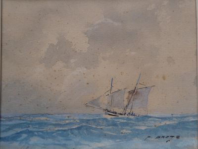 painting of a sailboat in rough water on a cloudy day