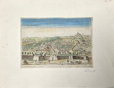 dessin représentant une vue d'une ville avec un château au premier plan