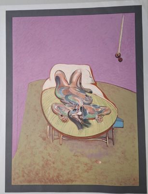 une photo d'un tableau représentant un chat allongé sur un lit