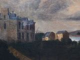an oil painting of a castle on a hill overlooking a body of water