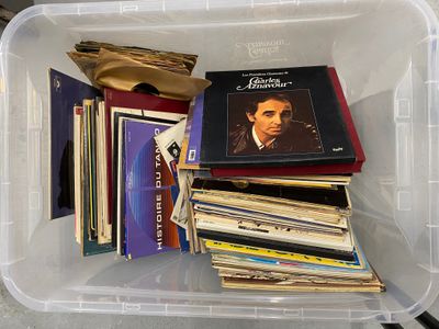 a plastic container filled with a lot of vinyl records