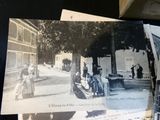 several old black and white photos of people sitting on a bench