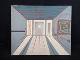 une image représentant une peinture d'un couloir avec une horloge accrochée au mur