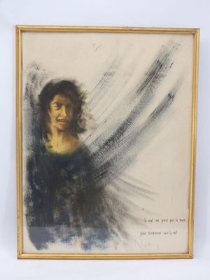 une peinture à l'huile représentant une femme en robe noire, sur laquelle figure une citation