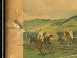 a painting of a horse race with jockeys and horses