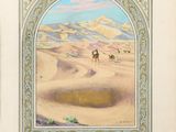an old book with a picture of a desert scene in the middle