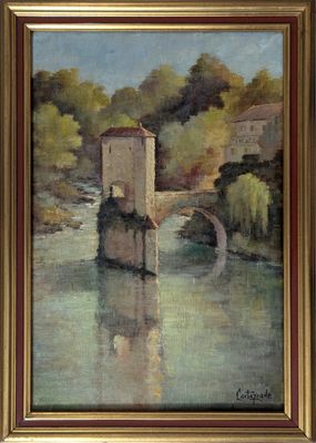 une peinture à l'huile représentant un pont sur une rivière avec un bâtiment à l'arrière-plan