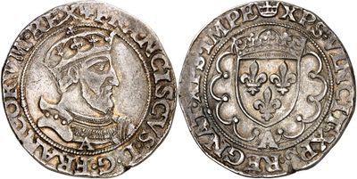 a silver coin with a crown and shield on it