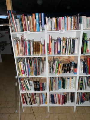 une étagère contenant de nombreux livres dans une pièce