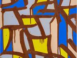 abstract painting of blue, yellow, and brown shapes on a white background