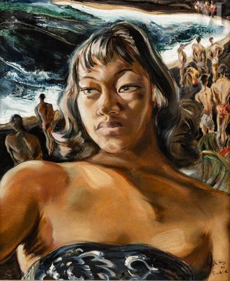 une peinture à l'huile représentant une femme debout devant une foule de personnes