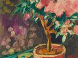 une peinture à l'huile représentant une plante en pot posée sur une table à côté d'une valise