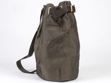 a grey bag with a brown handle and a black strap