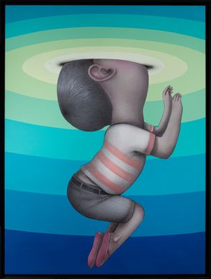 an image of a painting of a child jumping in the air with his head above his head