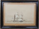 a painting of a ship in a body of water with a sky background