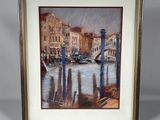tableau représentant une scène d'un canal de Venise avec des gondoles et un pont